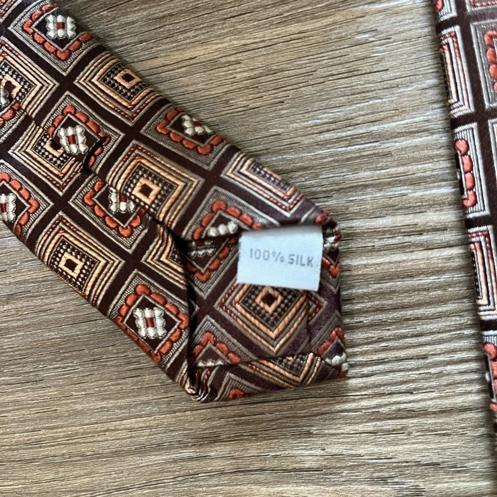 Burma Bibas Geometric Silk Necktie Brown‎ Square Pattern One Size